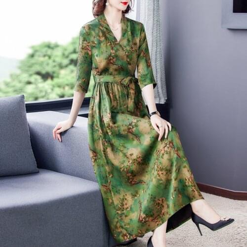 2021 Spring Floral Mulberry Silk Satin Maxi Dress Autumn Vintage Casual 3XL Plus Size Midi Dress Women Elegant Bodycon Vestidos