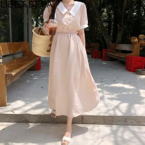 2021 New Women Summer Dresses Cotton and Linen Fashionable Elegant High Waist Vintage Korean Style Wild Lady Long Dress DR2110
