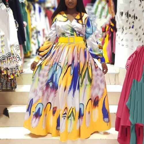 Elegant Long Chiffon Dress Printed Womens High Waisted Floor Length A Line Full Sleeve New Vintage French Vestidos Mujer Dress