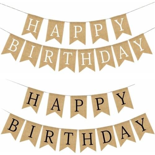 13 Flags Happy Birthday Banner Vintage Linen Jute Burlap Pennant Bunting Background Photography Props Party Decoration Supplies