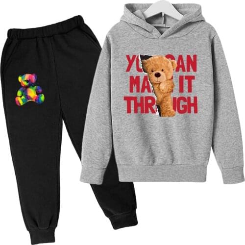 Fashion Bear Hoodies Suit Kids Casual Boys Girls Print Sweatshirts Tops Child Pullover Sportswear Gift For Children Set autumn