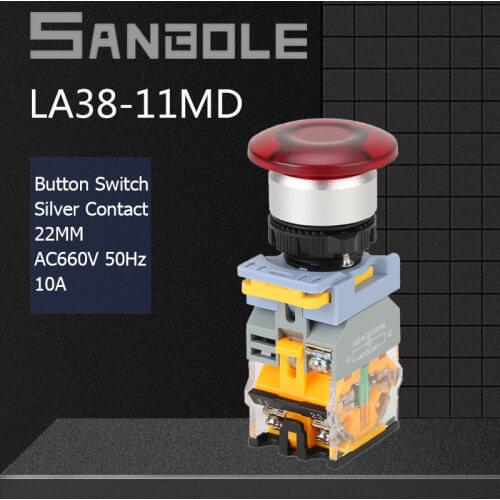 22mm Red Mushroom Head Push Button Switch Lamp Light Emergency Stop LA38-11MD Reset / Lock Power Supply Silver Contact