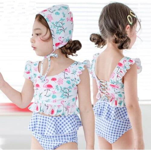 Girls 2 Pieces Swimsuits + Hat Children Flamingos Swimwear Toddler Baby Girls Sun-proof Swimsuit Kids Bathing Suits Bikinis Set