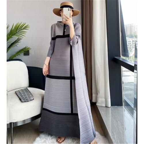 2021 new summer Miyake folds fashion comfortable loose geometric graphics digital printing three-quarter sleeve a-line dress