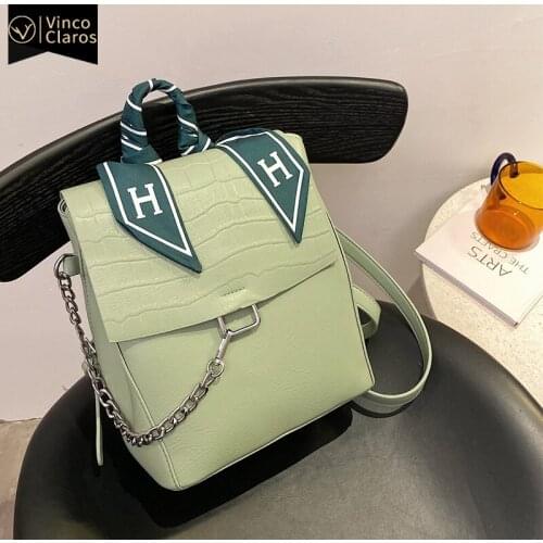 Fashion Stone Pattern Backpacks Leather Small Cute Back Pack Chain Bookbag Scarf Large Capacity Travel Bags Mochila Para Mujer