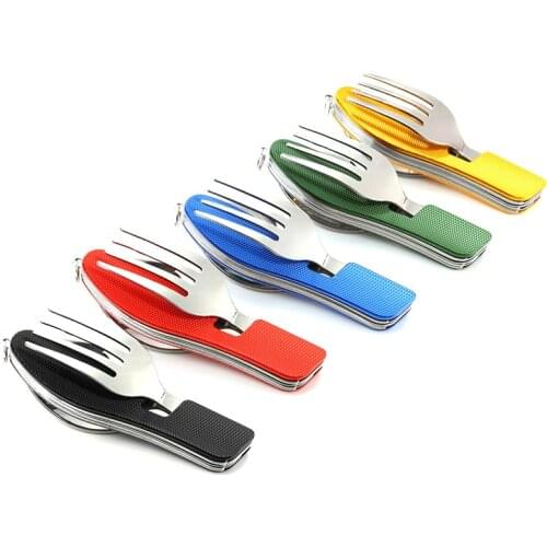 4 In 1 Outdoor Tableware Set Camping Cooking Supplies Stainless Steel Spoon Folding Pocket Kits Home Picnic Hiking Travel Tools