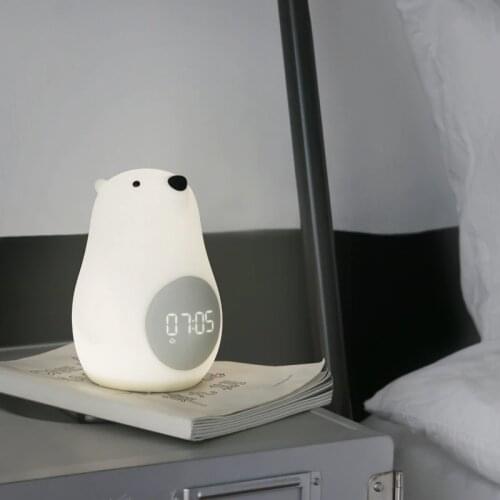 C2 night light table with alarm clock digital Big white bear touch kids sleep silicone lamp rechargeable portable and dimmable