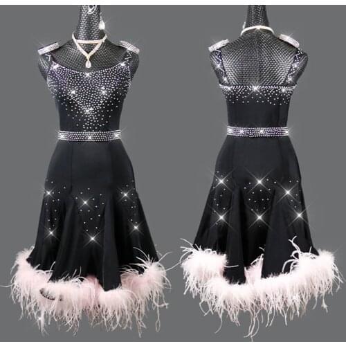 2021 New Black Latin Dance Competition Costumes Feather Rhinestone Dress Women Girls Performance Dance Wear Sling Dress DNV15065
