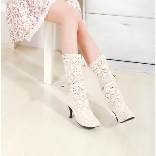 New Fashion All-Match Crochet Summer Boots Classic Lace Knitted Hollow Hight Heels Fashion Womens Boots Big Size 34-43