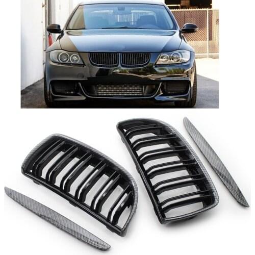 Front Grille Carbon Fiber Style Dual Slat Twin Bar Fit for BMW E90 91 2005-2008