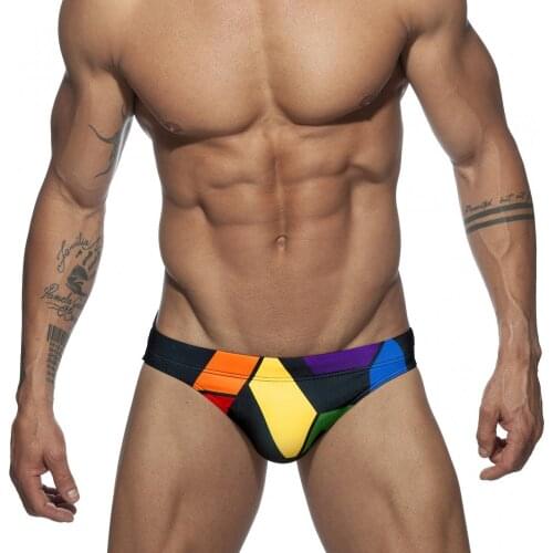 Men Swim Briefs Colorful Patchwork Swim Trunks With Pad Mens baadores hombre Low Waist Swimming Shorts Beachwear