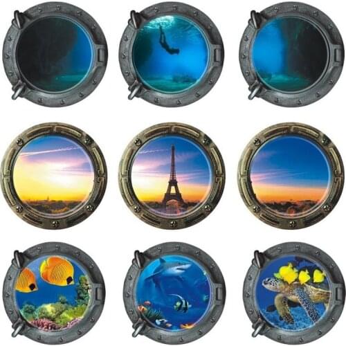 Underwater Scene Porthole Vinyl Wall Decal Seals Family Wall Art Ocean View 3D Illusion Kids Wall Decal Sea Outside of Submarine