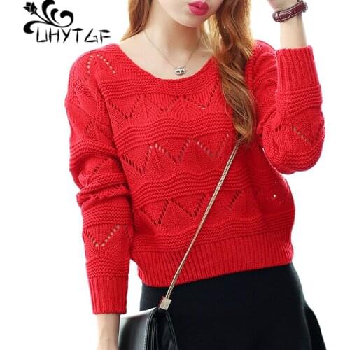 UHYTGF New Sweter Mujer Woman Sweater knitting Pullovers Autumn Top Fashion Hollow Wave Sweater Ladies Long Sleeve Thin Coat 558