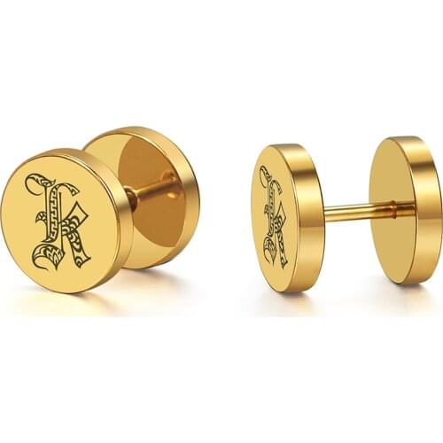 Stud Earrings Gold Tone Stainless Steel Mens Womens Fake Piercing Tunnels Gothic Name A-Z Letter Earrings Unique Jewelry Gifts