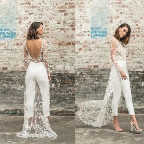 Wedding Dress Jumpsuit Beach Jumpsuit Wedding Dresses Jewel Neck Long Sleeve Backless Ankle Length Bridal Outfit Lace Summer