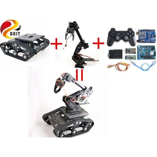 SZDOIT WIFI/Blutooth/Handle Control 8DOF Robot Arm With Gripper + YP100 Smart Tank Chassis Kit Robotic Platform DIY For Arduino