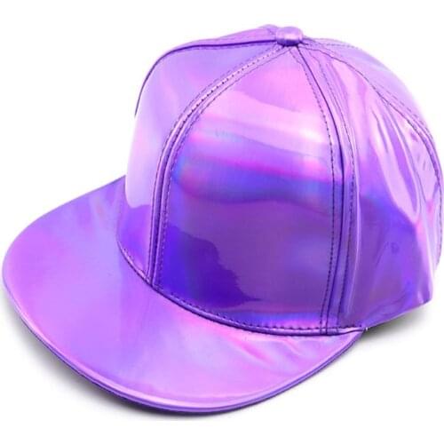 Women Men Holographic Faux Leather Baseball Cap Shiny Rave Metallic Reflective Rainbow Hip Hop Flat-Brimmed Snapback Hat