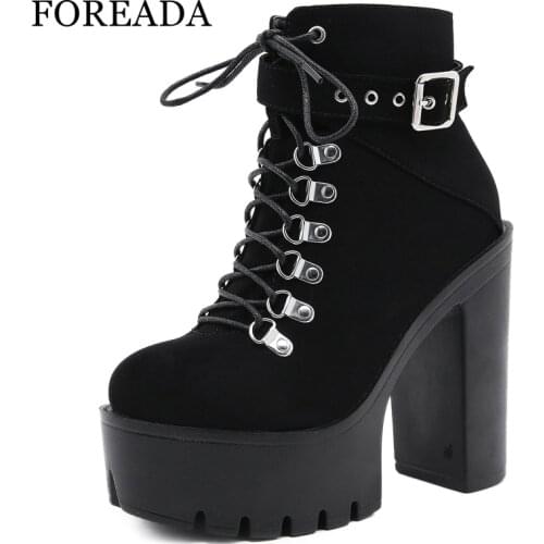 FOREADA Woman Ankle Boots Autumn Fashion Platform Thick Heel Shoes Super High Heel Round Toe Zipper Lady Short Boots 35-43 Black