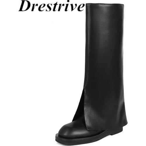 Drestrive 2021 Fashion Women Knee High Boots Low Heels Black Cow Leather Big Size 43 Round Toe Winter Shoes Platform