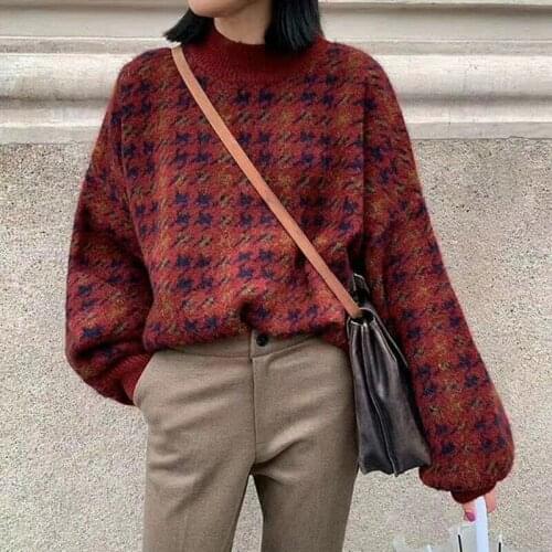 Ladies Pullover Patchwork Loose Lantern Sleeve Simple Knitted Sweater Elegant All-match Fashion Streetwear 2021 Fall Winter New