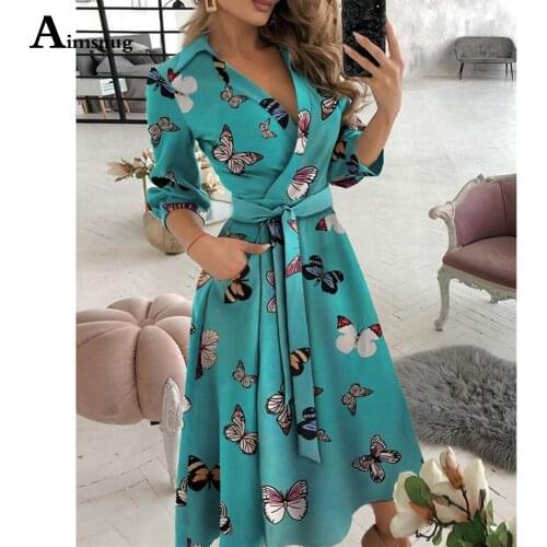 Women Elegant Knee-Length Dress Long Sleeve V-neck Butterflies Print Party Dresses 2021 New Patchwork Ladies Sashes Casual Dress