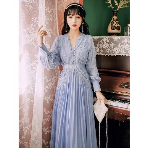 2021 Runway Autumn V-Neck Blue pleated Dress Womens Lace Lace Patchwork Chiffon Seaside Vacation Beach Long Sleeve Dress