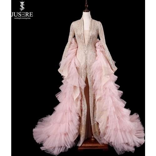 JUSERE Robe de soiree Fashion Gold Pink Sleeve Long Evening Dress Detachable Skirt 2019 Sequin Formal Gowns Evening Dresses