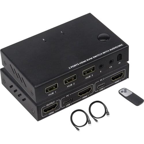 2-Port HDMI-compatible USB KVM 4K Switch Splitter For Shared Monitor Keyboard And Mouse Adaptive EDID/HDCP Printer Plug And Play