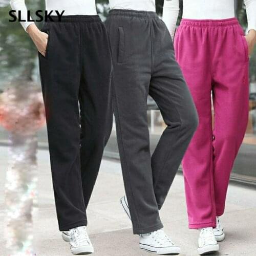 SLLSKY Winter Velvet Warm Women Pants Fashion New Solid High Waist Sweatpants Trousers Elastic Waist Ladies Long Sports Pants