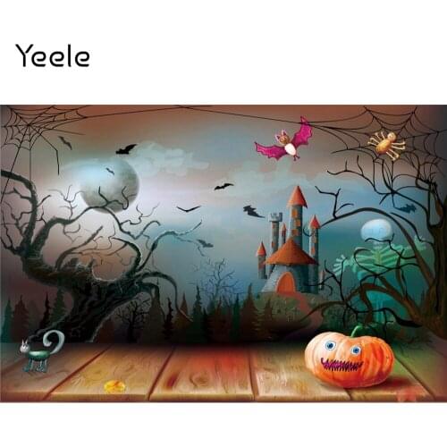 Yeele Cartoons Halloween Photocall Moon Pumpkin Bat Spider Wooden Floor Photography Background Backdrop For Photo Studio