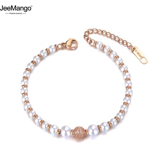 JeeMango Trendy Stainless Steel Simulated Pearl Charm Bracelets For Women Bohemia CZ Crystal Chain Link Bracelet Jewelry JB19079