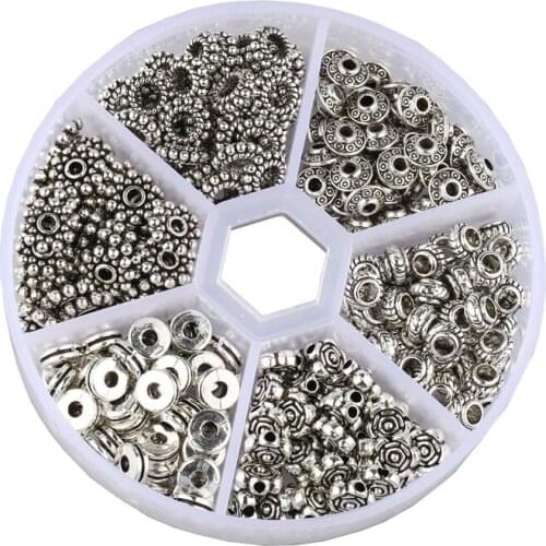 Julie Wang 300PCS/Box Mixed Zinc Alloy Beads 6-9mm Antique Silver Color Spacer Beads For Bracelet Jewelry Making Accessory