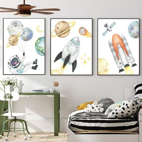 Astronaut Wall Art Canvas Painting Space Nursery Decoration Rocket Planet Cartoon Watercolor Print Nordic Poster Kids Room Decor