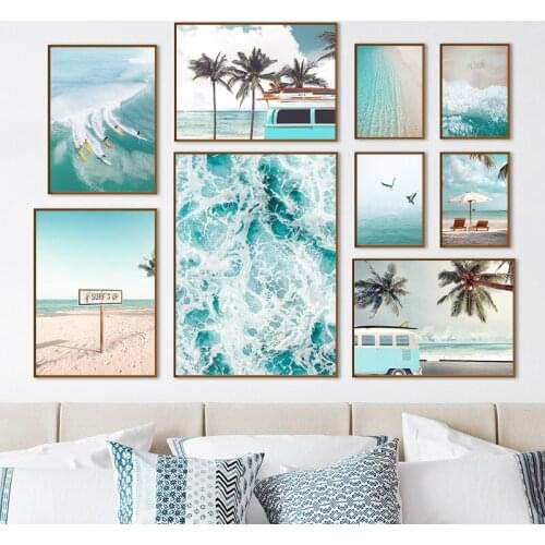 Nordic Blue Beach Surfing Van Wall Art Canvas Painting Print Seagull Art Poster Pictures For Living Room Modern Home Decor TB194