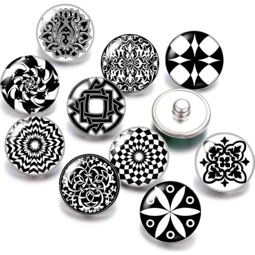Beauty Black Patterns Flowers 18mm snap buttons 10pcs mixed round photo glass cabochon style for snap button jewelry
