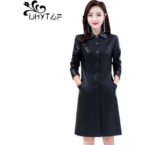 UHYTGF Fashion womens autumn leather jacket Pure color wild casual plus size leather Windbreaker coats Slim female long tops 414
