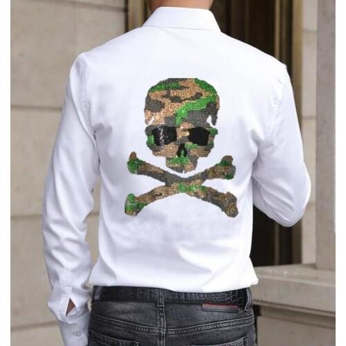 Men Rhinestonesl long Sleeve Stand Collar slim fit shirt Buttons Streetwear man shirts M-4XL