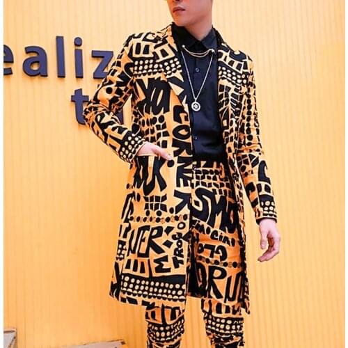 Men Slim Fit Blazer Yellow Suit Jacket Nightclub Stage Singer DJ Clothes Heren Colberts Long Casual Suits Blazer Masculino