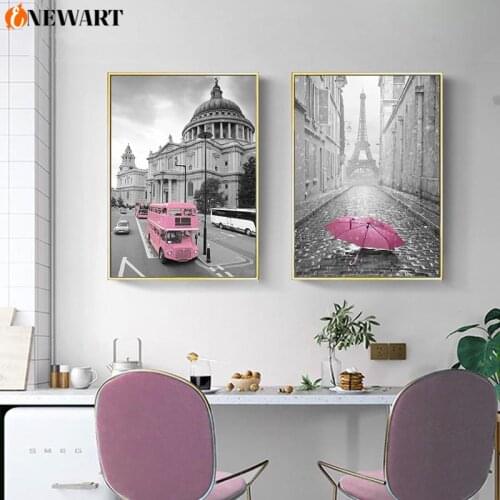 Pink Modern City Wall Canvas Painting Living Room Decoration Picture Black White Minimalism Wall Art Poster Living Room Decor