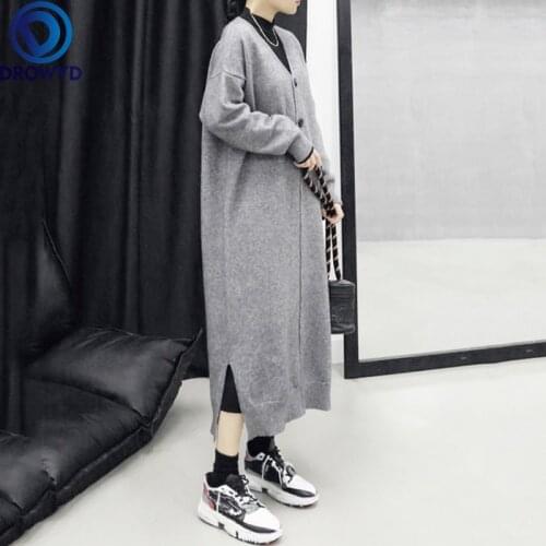 2021 New Autumn and Winter Korean Version of The V-neck Loose Sweater Long Lazy Wind Over The Knee Knitted One-piece Dress Women