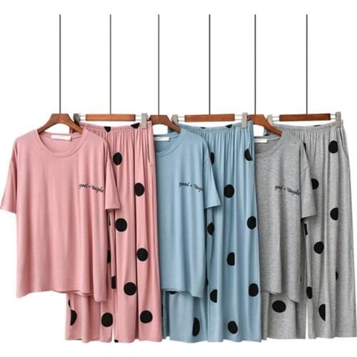 Pajamas womens summer modal thin short-sleeved trousers stretch cool home service suit dot casual Night set pink Nightgown