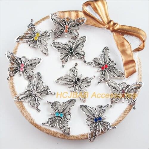 10 New Animal Butterfly Charms Tibetan Silver Tone Mixed Crystal Pendants 21x27.5mm