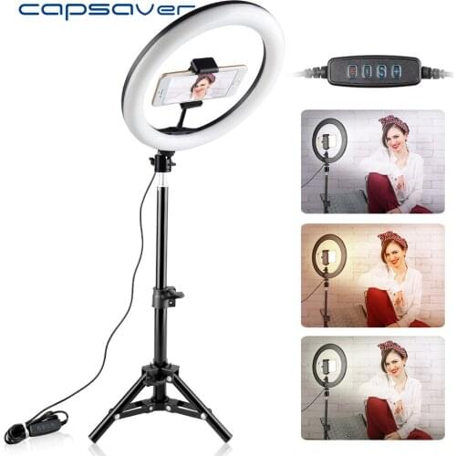 Capsaver RL-10 Dimmable LED Ring Light 26cm USB Makeup Ring Lamp with Phone Holder Tripod for Selfie Camera Youtube Shoot