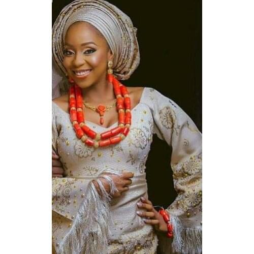 Luxury Coral Jewelry Set for Lady African Wedding Coral Beads Brides Gift Dubai Gold Women Costume Jewellery Set 2018 CNR047