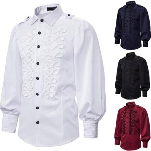 Medieval Mans victorian Vintage Shirts Steampunk White Black Palace Buttons Pattern Design Long Sleeve Top Lapel Shirt