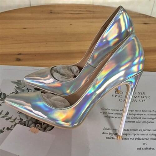Silver Metal Color Pointed Toe 12cm High Heels Pumps Women Shoes PU Patent Leather Prom Wedding Shoes QP047 CHENSIR9