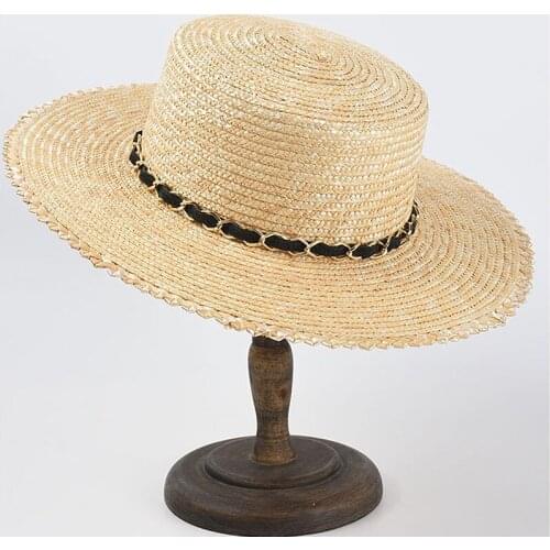Womens Summer Hat Flat Top Wide Brim Chain Decoration Sun Protection Cap Female Flat Top Wide Brim Straw Hat Beach Hat Sun Hats