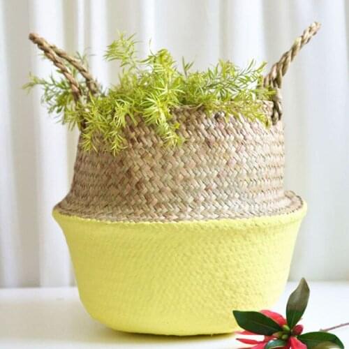 Foldable Handmade Bamboo Storage Baskets Laundry Straw Patchwork Wicker Rattan Seagrass Belly Garden Flower Pot Planter Basket