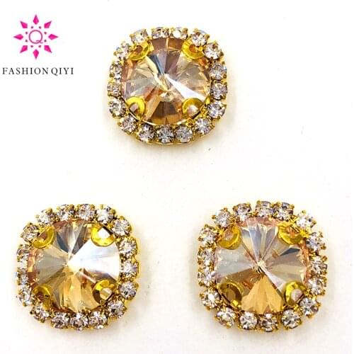 10pcs/pack Champagne glass Round shape gold base sew on rhinestones Crystal button wedding decoration diy/clothing accessories