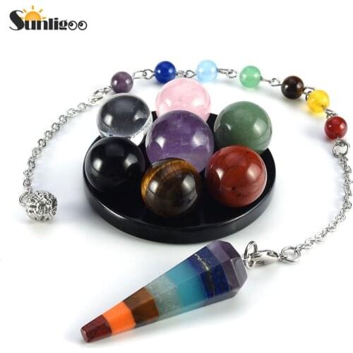 Sunligoo Natural Stones 7 Chakra Reiki Crystal Ball Array Statue Figurine&7 Chakra Pendulum Healing Stone Dowsing Divination Set